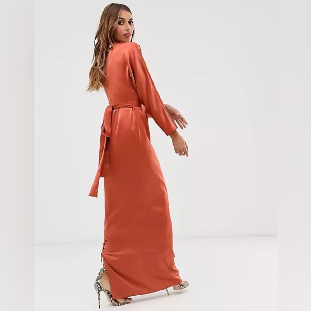 ASOS DESIGN satin maxi dress with batwing sleeve and wrap waist in rust